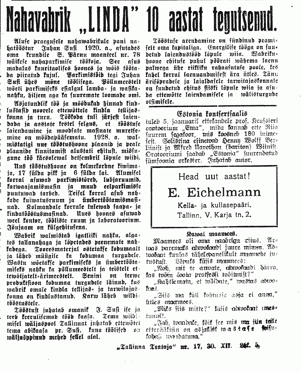Artikkel Tallinna Tetajas 30.12.1930